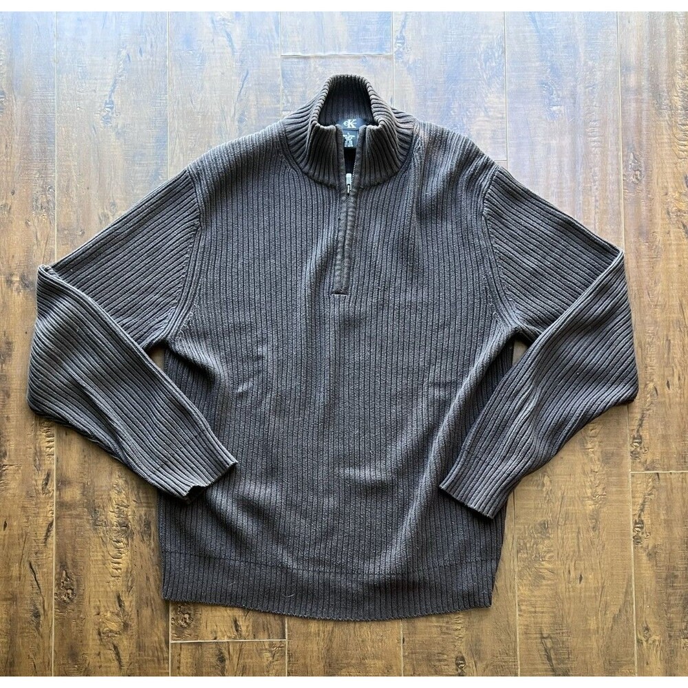 Calvin Klein Vtg Y2K Men’s Sweater L Brown Ribbed Knit 1/4 Zip Mock Neck